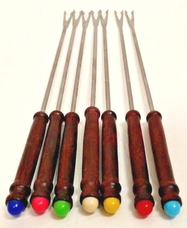 Lot of 7 Vintage Fondue Forks Wooden Handles Colored Tip