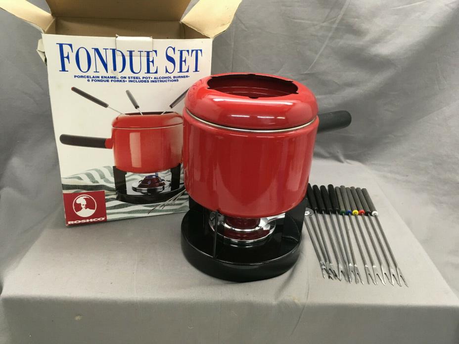 Roshco Fondue Set EUC Porcelain Enamel on Steel Pot Red