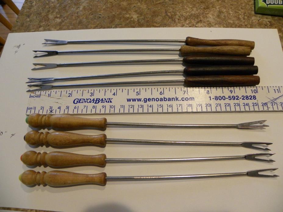 FONDUE FORKS   WOOD HANDLES  COLORED  TIPS  STAINLESS LOT 9