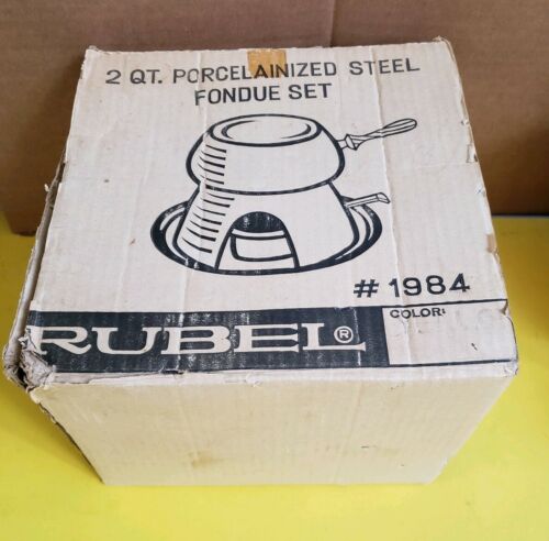 RUBEL #1984 YELLOW ENAMEL FONDUE POT WOOD HANDLE BASE SET