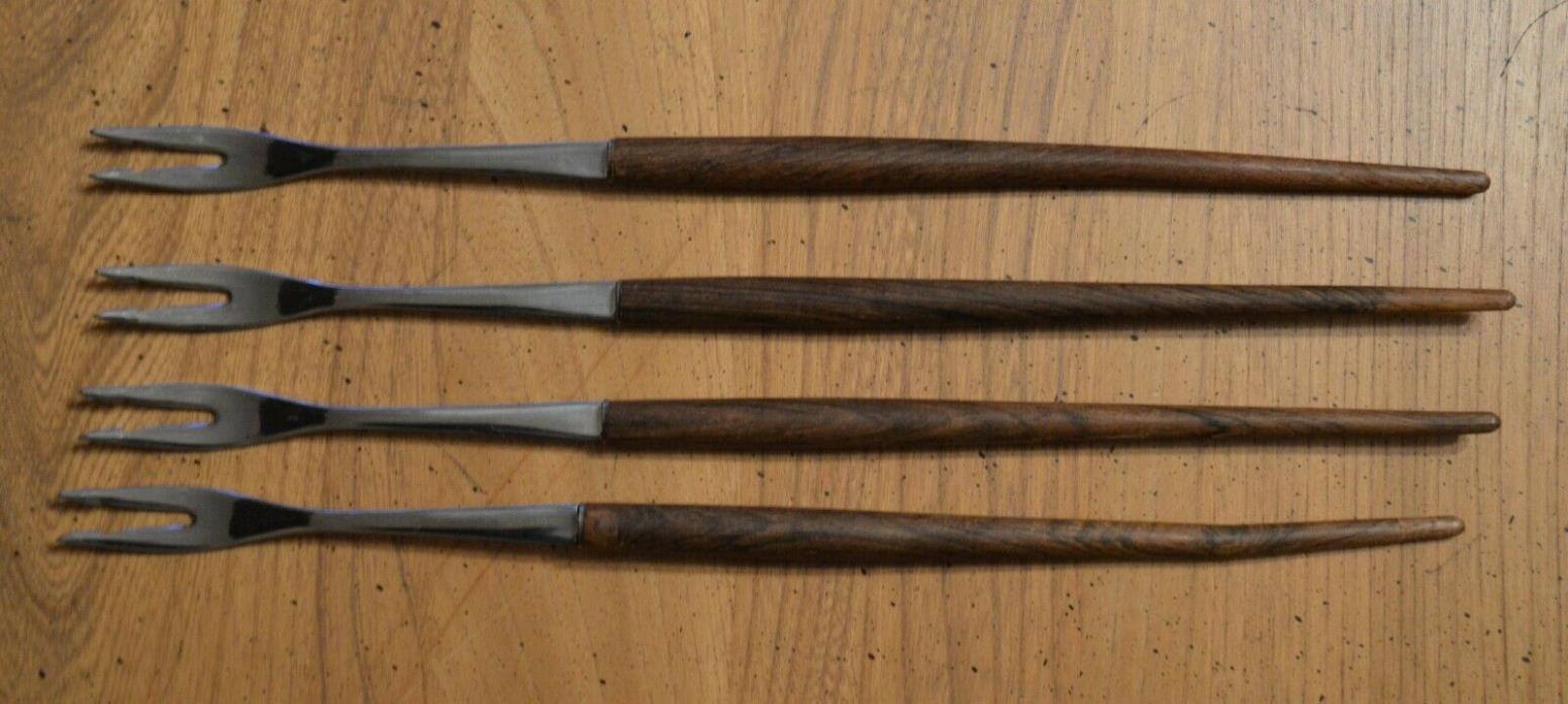 Set of 4 Fondue Forks Stainless Steel Teak Handle Mid Cent Vintage Wood