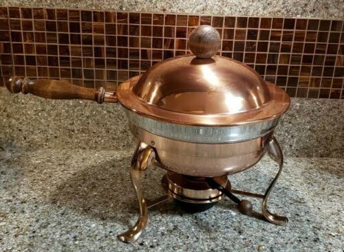 Vintage Copper Chafing Dish Double Boiler Wood Handle 5 pieces Sterno Fondue Pot