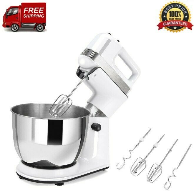 Electric Food Stand Mixer Stainless Steel Bowl White New with Dough Hook Beaters