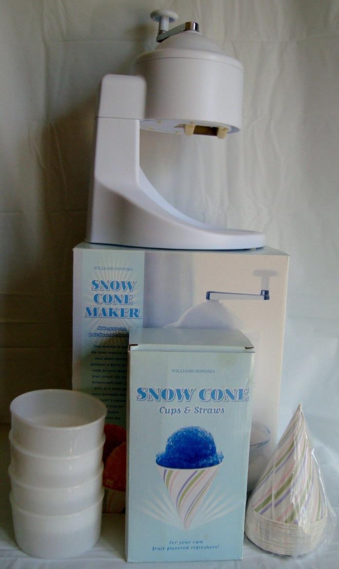 Williams Sonoma Snow Cone Maker Cups Straws Snowcone Shave Ice Crusher