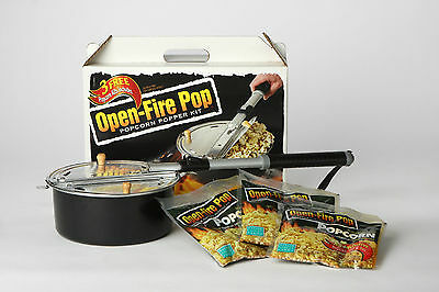 Whirley Open Camp Fire Popcorn Popper For Fire Pit With Popping Kit Included