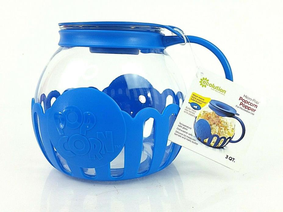 Ecolution Blue Micro-Pop Microwave Popcorn Popper 3QT Temperature Safe Glass