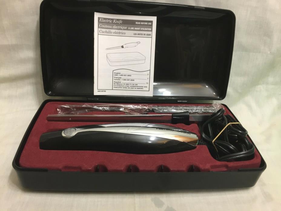 HAMILTON BEACH #74275 CHROME & BLACK CLASSIC ELECTRIC KNIFE SET WITH CASE & FORK