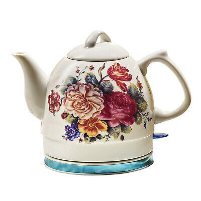 English Garden Electric Tea Kettle - White Ceramic with Floral Rose Print- 34 oz