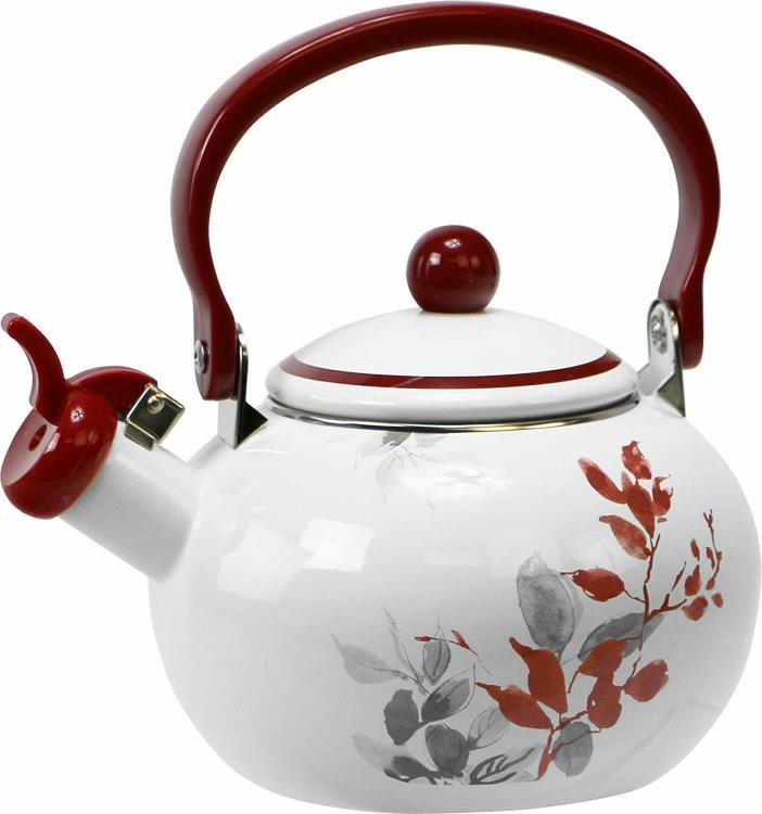 2 Quart Burgundy White Gray Floral Pattern Whistling Tea Pot Kettle Free Shippin
