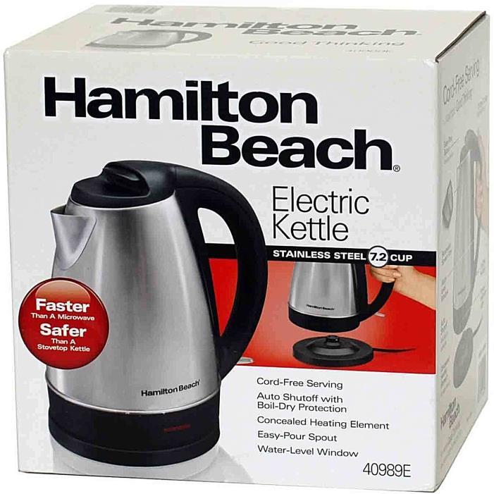 Electric Kettle 1.7 Liter/7.2 Cup Cord-Free Hamilton Beach 40989E 1500W