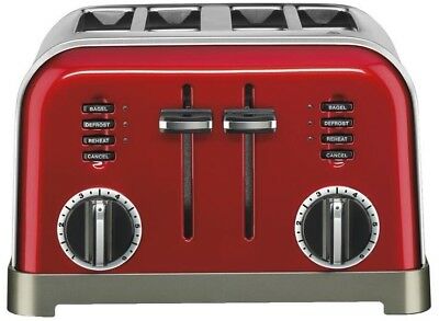 4 Slice Toaster Red Stainless Steel With Slide-Out Crumb Tray Dual Reheat