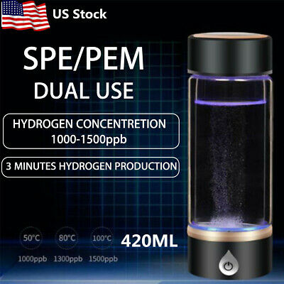 420ML 1500PPB Hydrogen Rich Water Maker Generator Bottle Glass Cup+ Box Gift USA