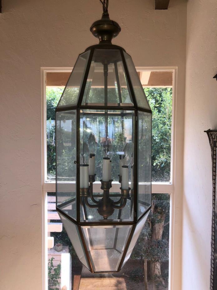 VINTAGE LARGE BRASS BEVELED GLASS FOYER CHANDELIER LIGHT HANGING LAMP MCM