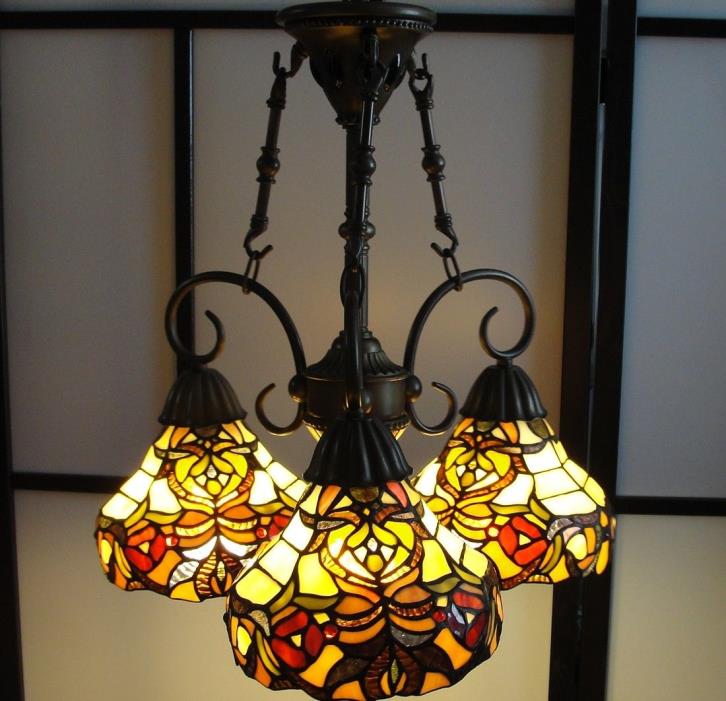3-ARM Tiffany Style Chandelier Hanging Light Fixture Stained Glass 