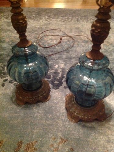 2 Vintage 1972 Blue Glass Table Lamps with Lighted Base