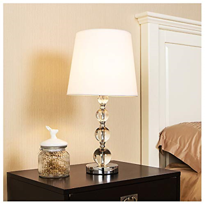 POPILION Modern Style Chrome Living Room Bedside Crystal Table Lamp,White Fabric