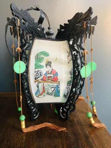 Mid Century Vintage Chinese Lantern/ Light fitting, Painted Silk, Wood Dragons