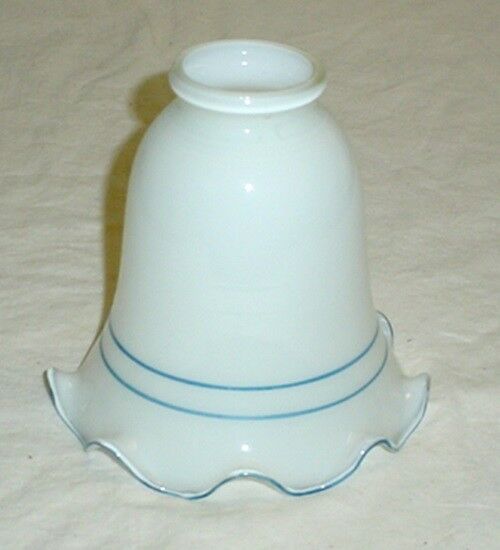 Vtg White Opaque Milk Glass Ruffled Tulip Blue Stripe Edge Lamp Shade Globe #1