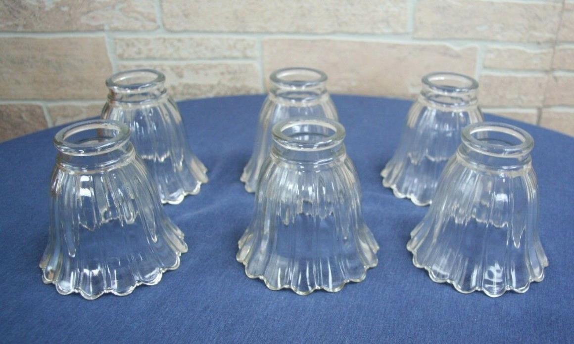 Vintage Lot of 6 Clear Glass Tulip, Fluted,Ribbed, With Scallop Edge Shades VNC