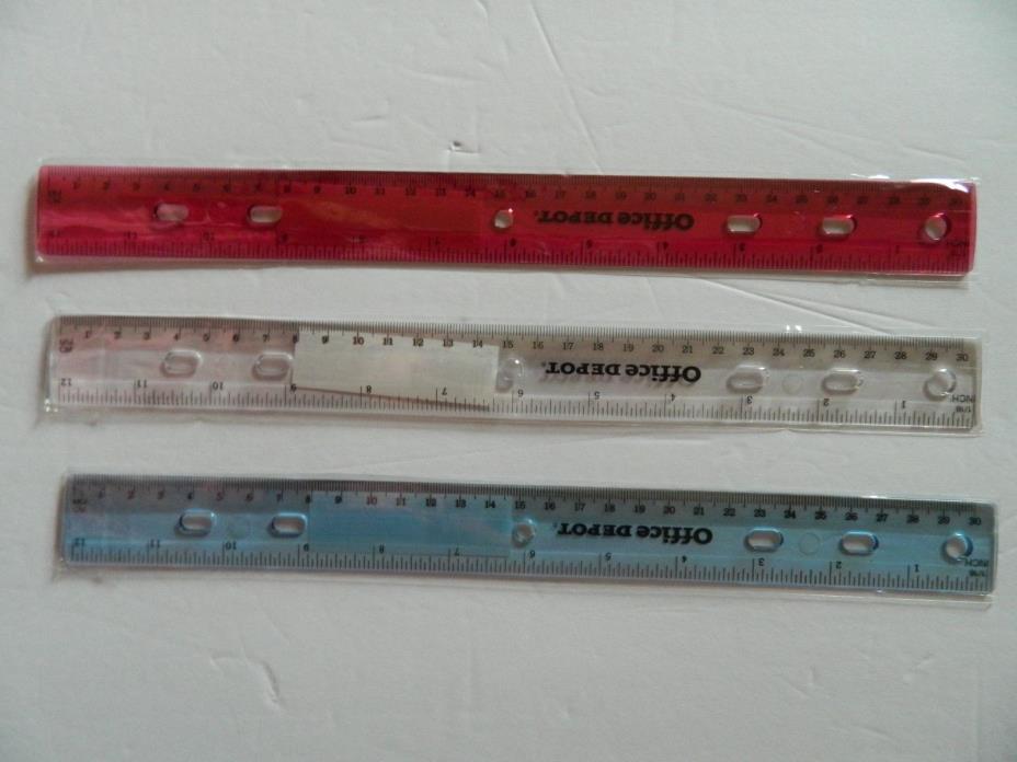 NEW Lot of 3 SCHOOL SUPPLIES Office Depot STANDARD 12-inch RULERS, 3 colors