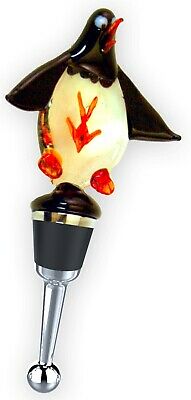 Penguin With Red Fish Glass Wine Bottle Topper Stopper