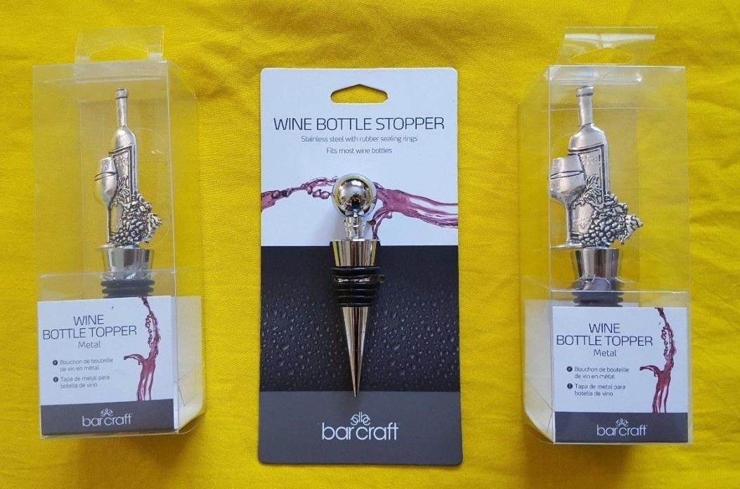 Barcraft Wine Bottle Topper Metal/Stainless Steel Set Of 3 New In Box
