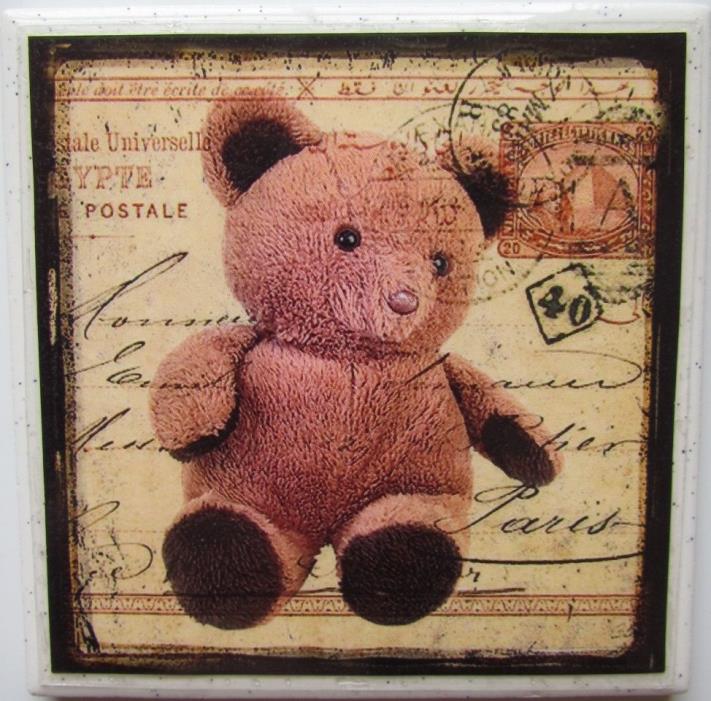 Natural Stone Ceramic Tile  Marble Drink Coasters - Set of 4 - Teddy Bear 1 G