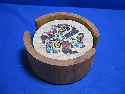 SET OF FOUR COWBOY BOOTS STONE COASTERS WITH WOOD HOLDER