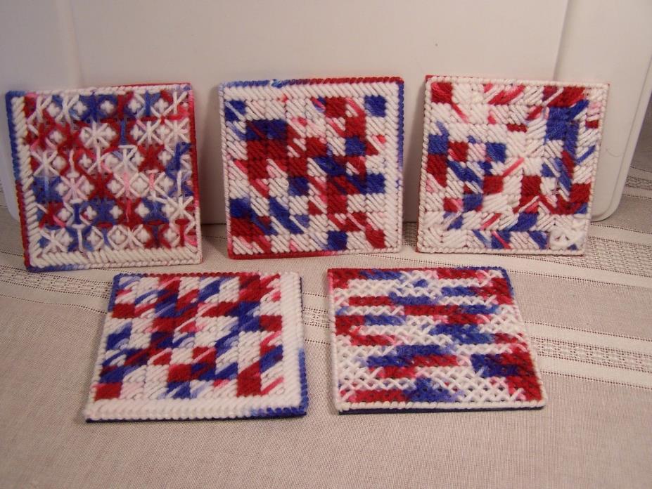 Five NEW Handmade Needlepoint Multicolored Yarn Coasters Geometric Patterns (F)