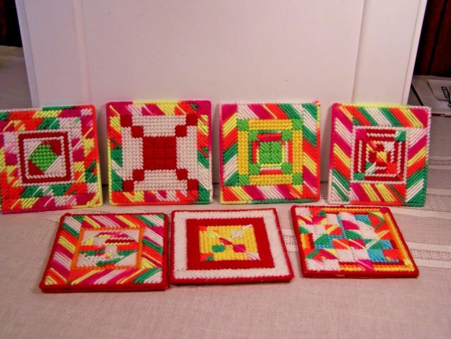 Seven NEW Handmade Needlepoint Multicolored Yarn Coasters Geometric Patterns (A)