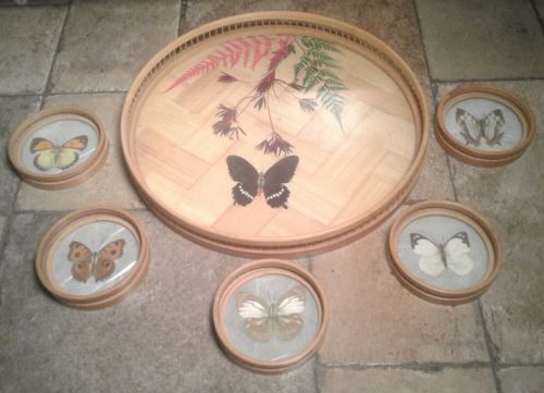 Vintage Butterfly Glass & Wood  Coasters Set w/ Serving Plate