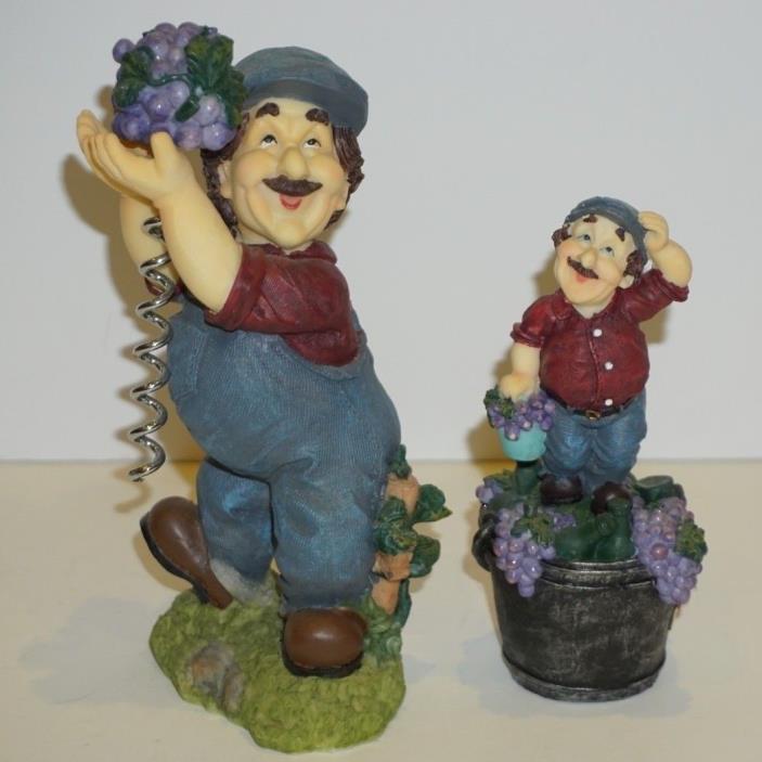 Farmer Holding Grape Cluster Wine Bottle Cork Opener Figurine Set