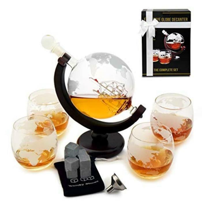 RexX Exclusive Globe Whiskey Decanter With 4 Glasses & Whiskey Stones