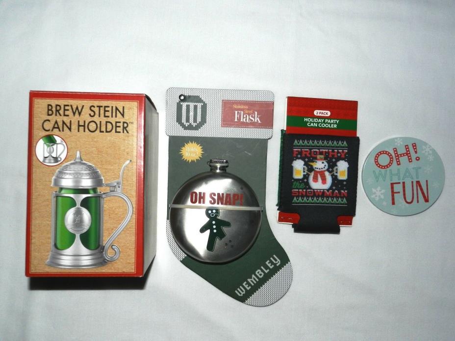 Group of Bar Items Brew Stein Can Holder, Stainless Steel Flask, Cozies,Coasters