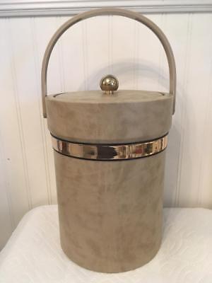 Vtg Beige Shelton-Ware Ice Bucket ~ Faux Leather & Brass + Tongs ~ Mid Century