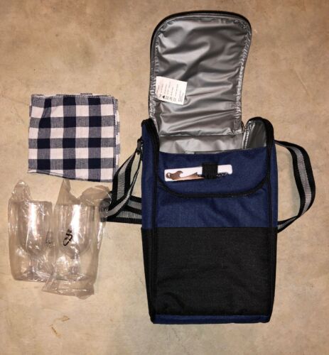 PICNIC TIME INSULATED WINE & CHEESE TOTE COOLER BAG CORK SCREW & 2 GLASSES  NEW!