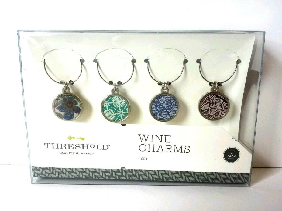 NEW Set of 4 Wine Glass Charms Blue Teal Maroon Geometrical Flower Patterns