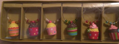 New in Box Wine Charms Pier One Set of 6 Glass Markers Cupcakes