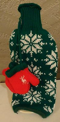 Christmas Wine Bottle Holder Snowflake green knit with Mittens for Holiday Gift