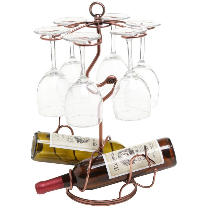 Scrollwork Bronze Metal 2 Wine Bottles 6 Wine Glass Stemware Display Rack Stand