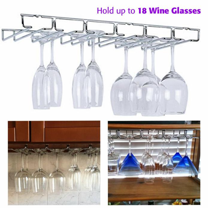 Wine Glass Rack Under Cabinet 18 Pc Hanging Stemware Hanger Holder Organizer NEW