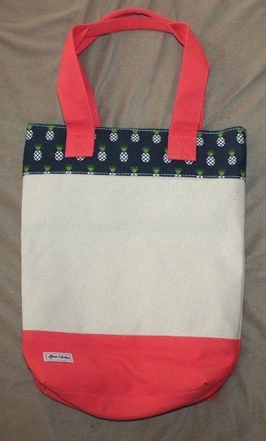 Ame & Lulu BYOB Wine Tote Caddy Bag Pineapple Coral Navy Blue Canvas T24