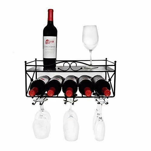 Wine Wall Mount Rack with Shelf & Stemware Glass Holder Metal Modern Design New