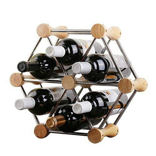 Wine Rack Storage Bottle Holder Wood Steel Display Arbitrary Assembly Holds 6