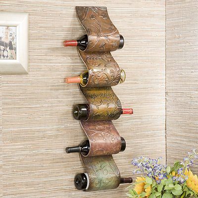Metal Wall Mount Sculpture Five Wine Bottle Storage Rack Home Furniture Decor