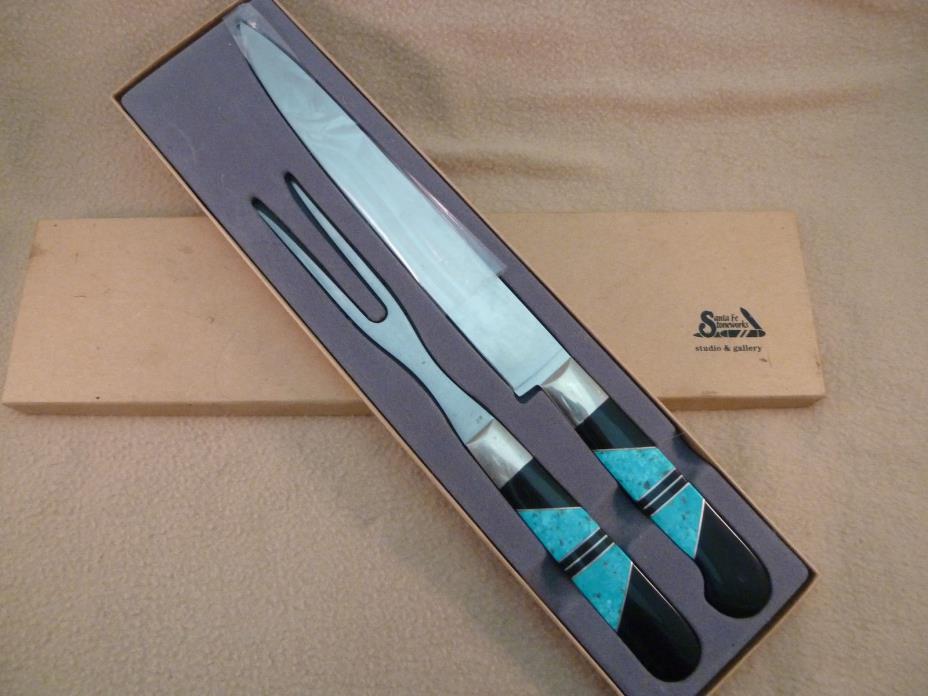 Santa Fe Stoneworks Carving Set Knife Fork Turquoise Jet Handles Jewelry Series