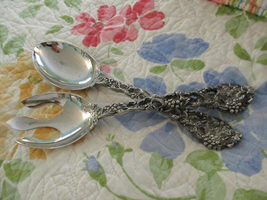 Godinger Ornate Pierced Vineyard w/Grapes Silverplate Serving Spoon & Fork Salad
