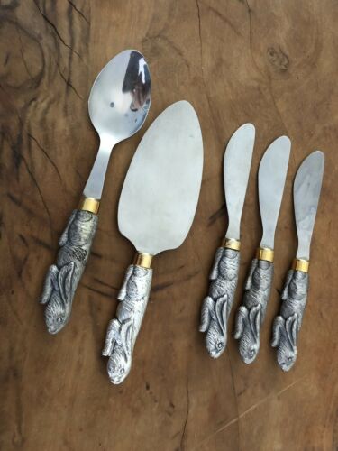 Arthur Court Bunny 5 pc Cheese Knife Spreading Set W/ Serving Jelly Spoon