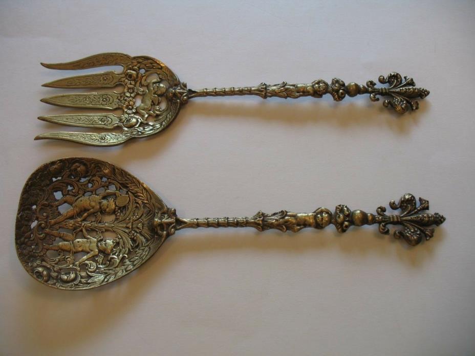Baroque Italian Pierced Brass Serving Set Fork & Spoon Solid Excellent