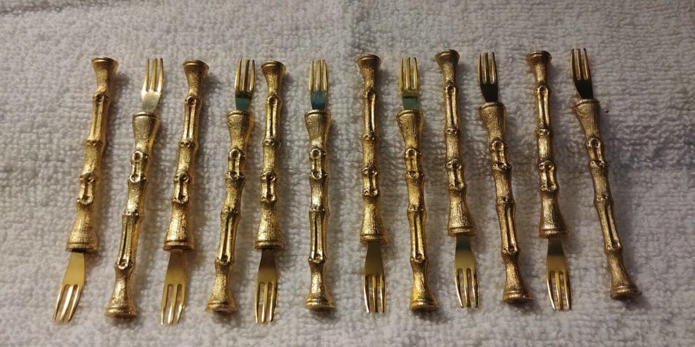 Vintage  Set of 12 Appetizer Forks, Goldtone Metal Bamboo Motif, Heavy